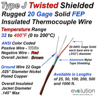 Type J Twisted Shielded 20 Gage Solid Thermocouple Wire FEP Insulated