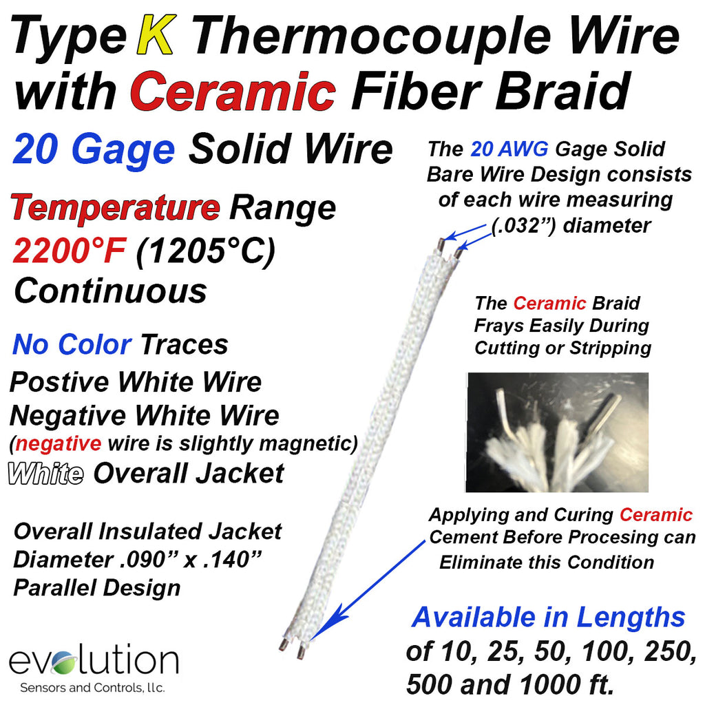 K-Type Thermocouple Wire – AWG 24 Solid, Ceramic Insulation, 1 Yard, High Temp Up To 1832°F