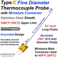 Fine Diameter Thermocouple Probe Type K 12 Inches Long with Connector