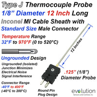 Type J Thermocouple Probe Inconel Sheath Ungrounded 1/8