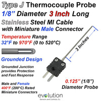 3 Inch Long Type J Thermocouple Probe with Miniature Connectors - 1/8