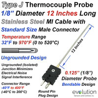 Type J Thermocouple Probe with Standard Connector 12 Inches Long
