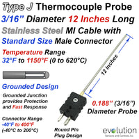 Type J Thermocouple Probe with a Standard Size Round Pin Connector - 3/16