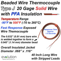 Thermocouple Beaded Wire Sensor Type J 20 Gage PFA Insulated 40 inches long with Stripped Leads