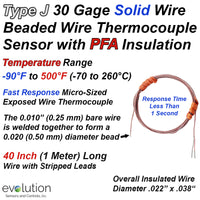 Thermocouple Beaded Wire Sensor Type J 30 Gage PFA Insulated 40 inches long with Stripped Leads