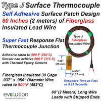 Type J Fast Response Surface Thermocouple with Adhesive Patch 80 inch Leads