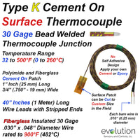 Type K Cement On Surface Thermocouple with 40 inch Wire Leads