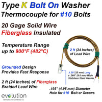 Washer Thermocouple Type K Fiberglass Wire Leads for #10 Bolts