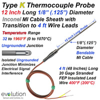Type K Thermocouple Probe Inconel Sheath with Transition to Lead Wire