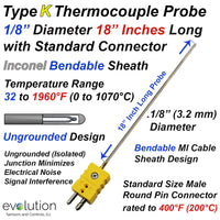 Type K Thermocouple Probe 18 Inches Long 1/8