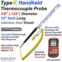 Type K Handheld Thermocouple Probe 12 Inch Long with Retractable Cable