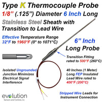 Type K Thermocouple Probe 6 Inch Long 1/8