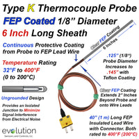 Type K FEP Coated Thermocouple Probe 6 inches Long with Lead Wire and Connector