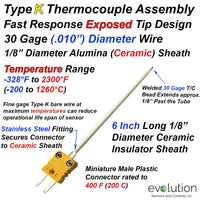 Type K Thermocouple Exposed Junction 30 Gage Wire with Ceramic Alumina 1/8