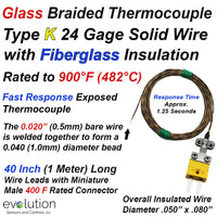 Thermocouple Beaded Wire Sensor Type K 24 Gage Fiberglass Insulated 40 inches long with Miniature Connector