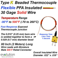 Type K Insulated Thermocouple with Connector - Flexible 30 Gage Wire