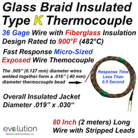 Glass Braid Insulated Thermocouple Type K 36 Gage 80