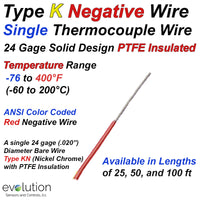 Single Thermocouple Wire Type K Negative 24 Gage PTFE Insulated
