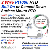 2 Wire Pt1000 Bolt On Surface Mount RTD with 20ft Long Wire Leads