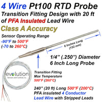 4 Wire Pt100 RTD Probe with Transition to 20 ft Lead Wire