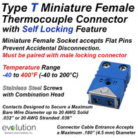 Miniature Thermocouple Connectors, Miniature Locking Female, Type T