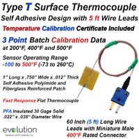 Type T Surface Thermocouple 5 ft Leads and Calibration Report