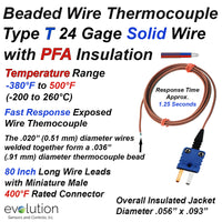 Thermocouple Beaded Wire Sensor Type T 24 Gage PFA Insulated 80 inches long with Miniature Connector