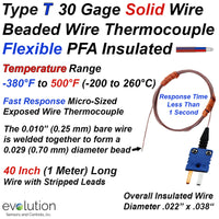 Thermocouple Beaded Wire Sensor Type T 30 Gage PFA Insulated 40 inches long with Miniature Connector