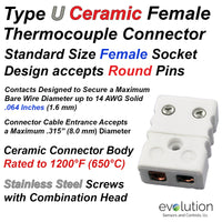 Standard Thermocouple Connectors, Standard Ceramic Female, Type U