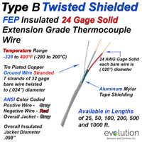 Type B Twisted Shielded 24 Gage Solid Thermocouple Wire FEP Insulated with Tin Plated Copper Ground Wire