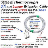 Type B Thermocouple Extension Cable Assembly - 3ft and LONGER Wire Leads with Miniature Ceramic Female Connector and Stripped End Terminations