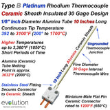 Type B Thermocouple with 10 Inch Long 1/8" Diameter Ceramic Sheath