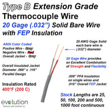 Type B Thermocouple Extension Wire - FEP Insulated 20 Gage Solid Wire