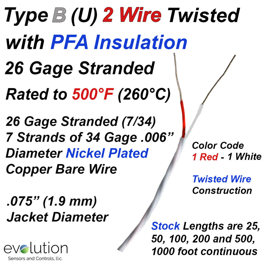 Stranded Wire For Extention Type B Thermocouple Extension Wire 2 Conductor Twisted PFA Insulated ...