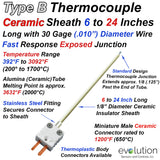 Type B Thermocouple Probe  Exposed Junction 1/8" Diameter Ceramic Sheath and Connector