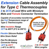 Type C Thermocouple Extension Cable Assembly with 2 to 25 ft of FEP Insulated Wire Leads - Miniature Male and Female Connector Termination