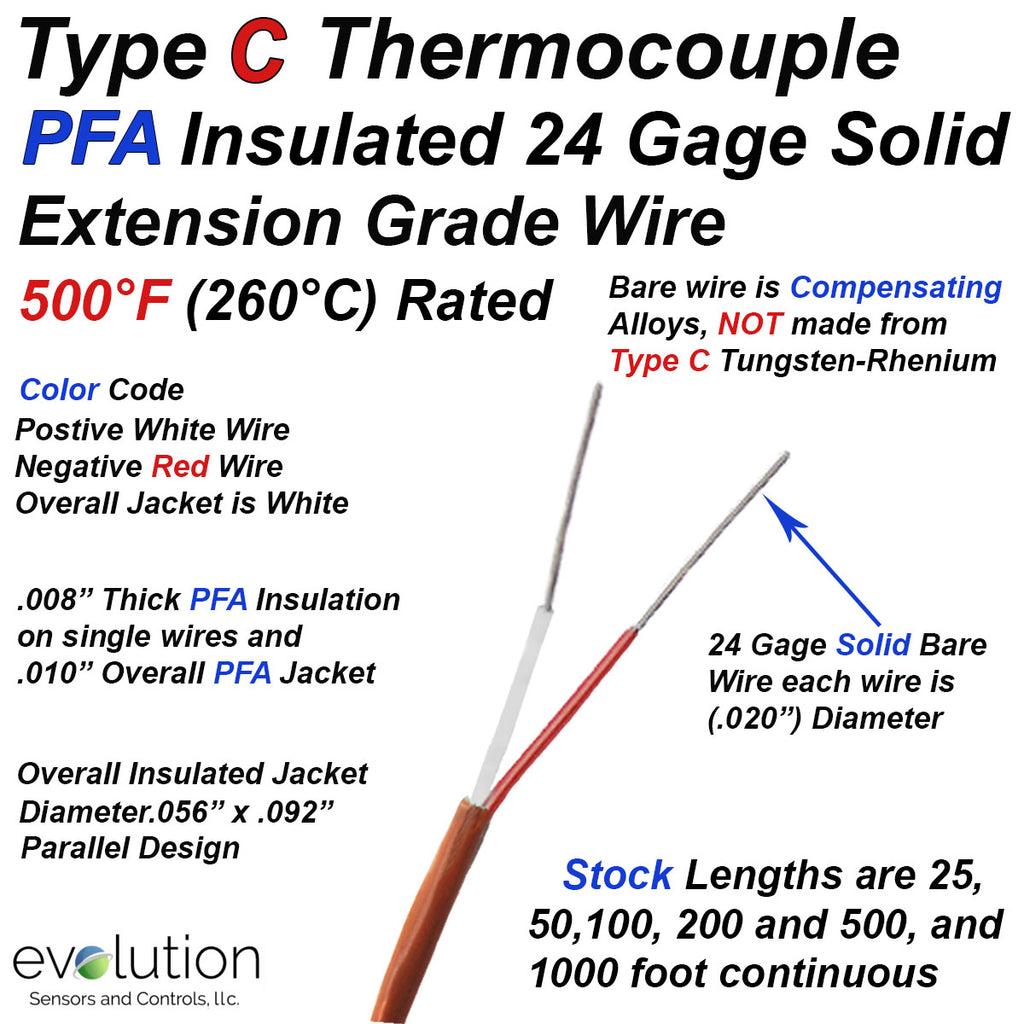 Type C Thermocouple Extension Wire 24 Gage Solid with PFA Insulation