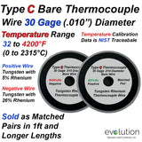 Type C Bare Thermocouple Wire - 30 Gage Solid Diameter - Sold in 1 ft and LONGER Matched Pairs 