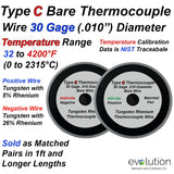 Type C Bare Thermocouple Wire 30 Gage Solid (.010") Diameter - Sold in 1 ft and LONGER Matched Pairs