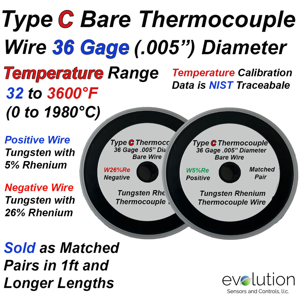 Type C Bare Thermocouple Wire - 36 Gage Solid Diameter - Sold in 1 ft and LONGER Matched Pairs 