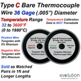 Type C Bare Thermocouple Wire - 36 Gage Solid Diameter - Sold in 1 ft and LONGER Matched Pairs 