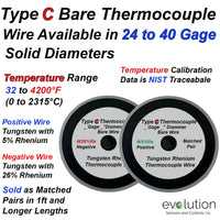 Type C Bare Thermocouple Wire - 36, 30, and 24 Gage Solid Diameter - Sold in 1 ft and LONGER Matched Pairs