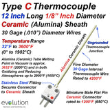 Type C Thermocouple 6 Inch and Longer 1/8" Diameter Ceramic Sheath Ungrounded and Miniature Ceramic Connector