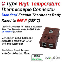 Type C Thermocouple Connector High Temperature Thermoset Standard Size Female rated to 660 F (350 C) (Copy)
