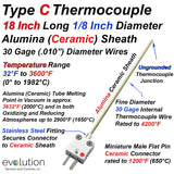 Type C Thermocouple 6 Inch and LONGER 1/8" Diameter Ceramic Sheath Ungrounded with a Miniature Male Ceramic Connector