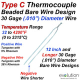 Type C Thermocouple - Beaded Bare Wire Design - 30 Gage (.010") Diameter 12, 24 and 36 Inches Long - Custom Lengths Available