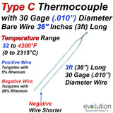 Type C Thermocouple - Beaded Bare Wire Design - 30 Gage (.010") Diameter 12, 24 and 36 Inches Long - Custom Lengths Available
