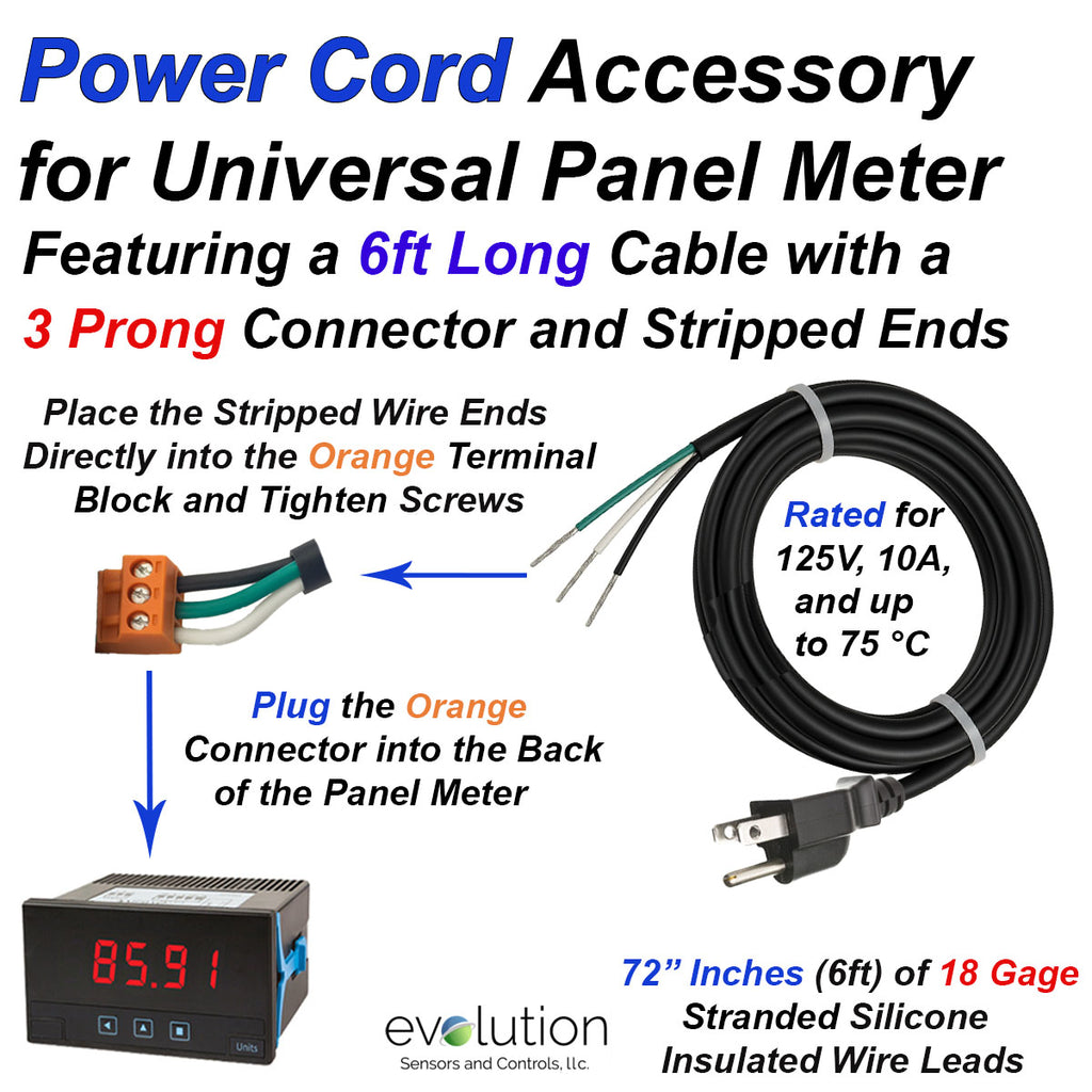 Black 6ft Power Cord with 3-prong plug on one end and bare wires on the other for Direct Wiring to Panel Meter rated up to 125V and 10A