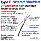 Twisted Shielded Type E Thermocouple Wire 24 Gage Solid FEP Insulated