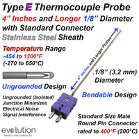 Type E Thermocouple Probe 4 Inches  and Longer 1/8